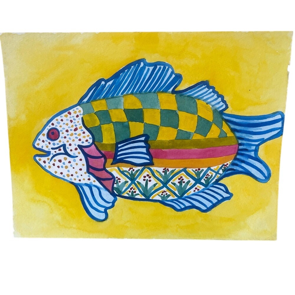 Original Watercolor Painting Bright Coastal Colorful Fish Playful Folk Art
